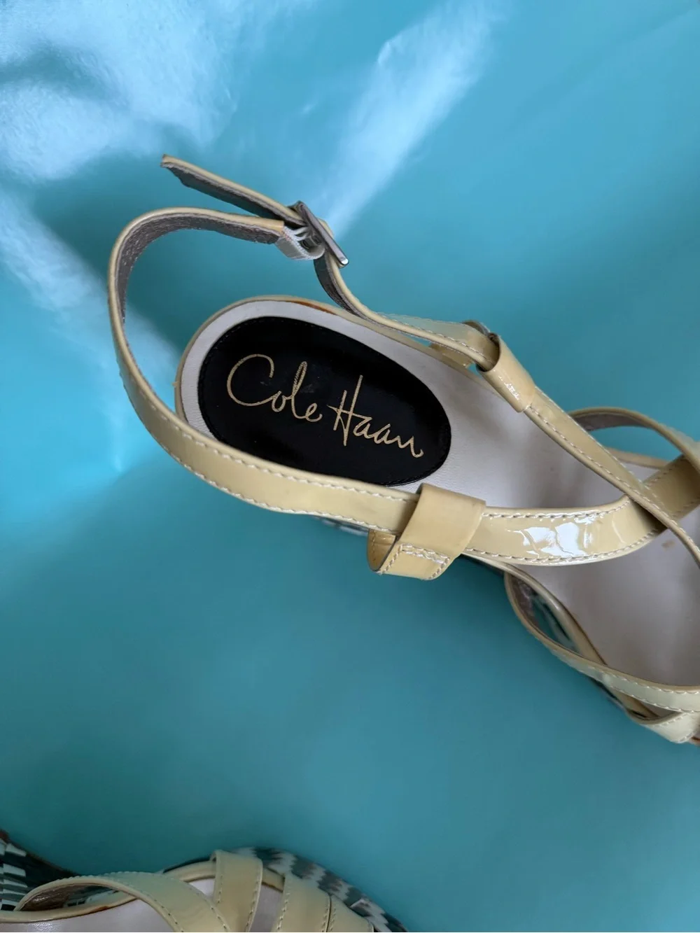 Cole Haan. Strappy Yellow Wedge Sandals with Black-and-White Woven Platform